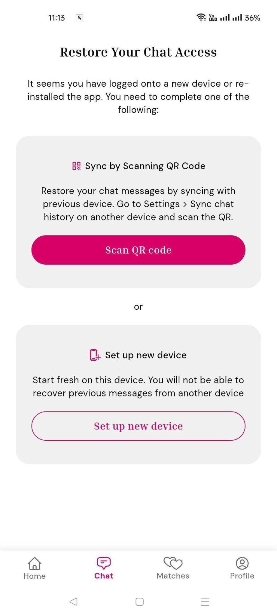 Restore Your Chat Access screen showing Scan QR code option